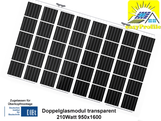 Solarglas Doppelglasmodul Transparent ca. 30% 210Wp 950x1600 Solarglas Doppelglasmodul Transparent ca. 30% 210Wp 950x1600