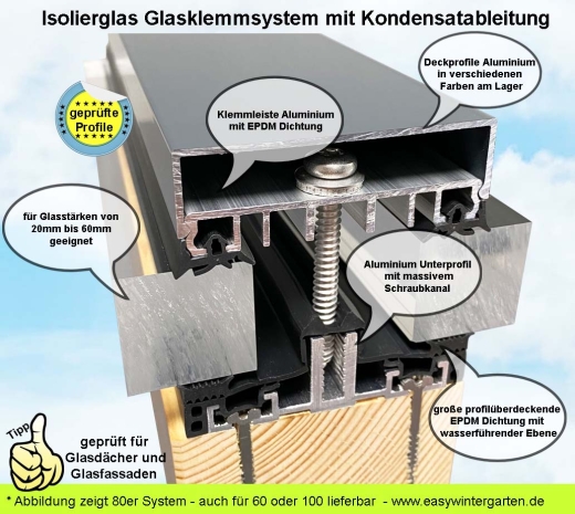 Klemmleiste 60 Alu mit Dichtung für die Glasmontage