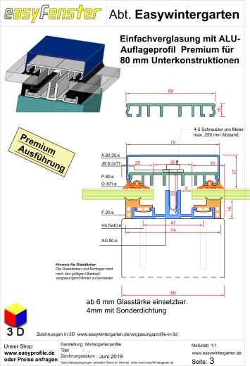 Alu Mittelprofil- Alu Auflageprofil für 80 mm Balken
