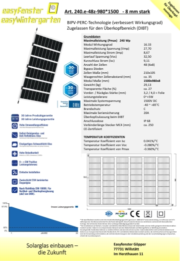 Glas Glas Solarmodul Terrasse 980x1500 mm