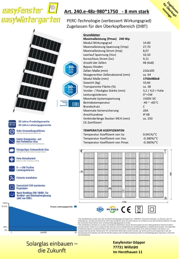 Glas Glas Solarmodul Terrasse 980x1750 mm